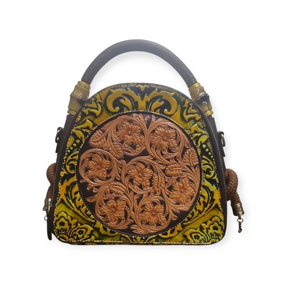 custom Handbags - Artisan Floral Embossed Cow‎ Hide Leather Shoulder/ Crossbody Bag -
